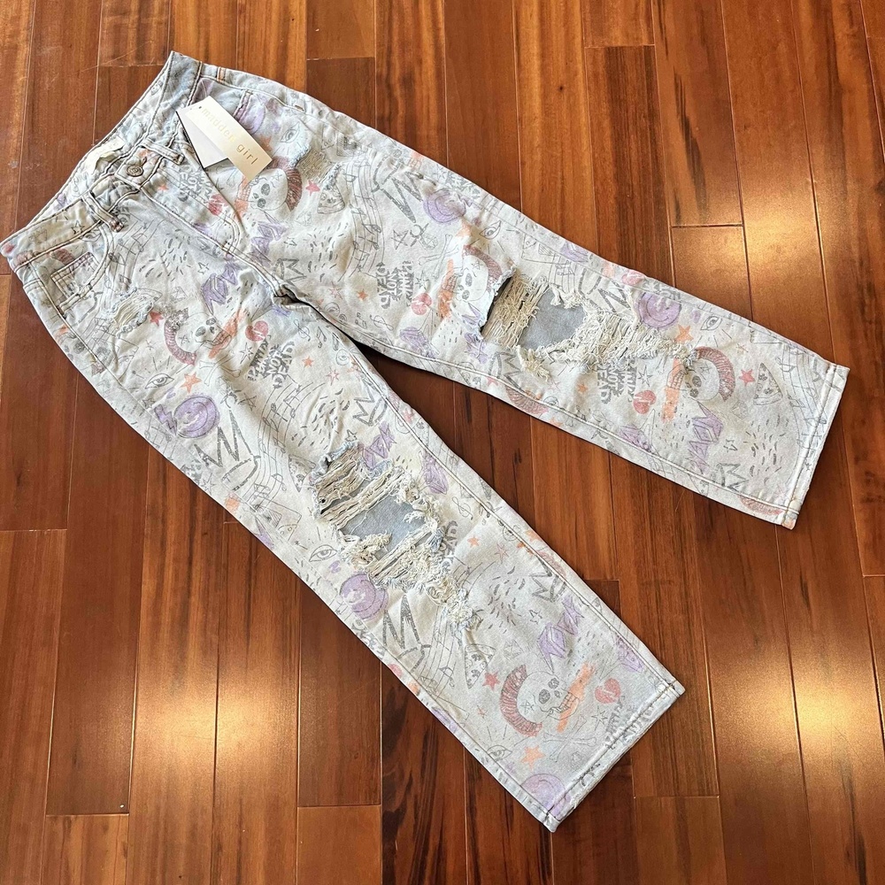 Madden Girl Printed Jeans Light Wash Jeans Graffiti‎ Skull Distressed New NWT 28